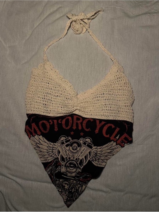 Fashion Nova Tops - Fashion Nova Cream Crochet Halter Tank Top with Black & Red Motorcycle Graphic